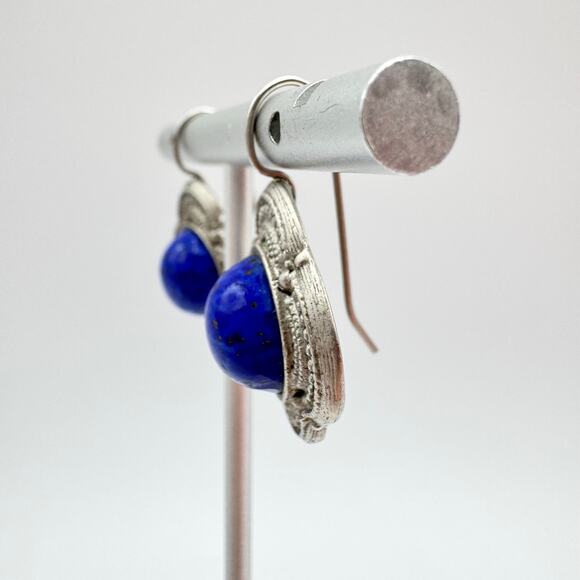 Vintage Blue Speckled Peking Glass Cabochon Earrings Etruscan Revival Bohemian - Picture 8 of 13